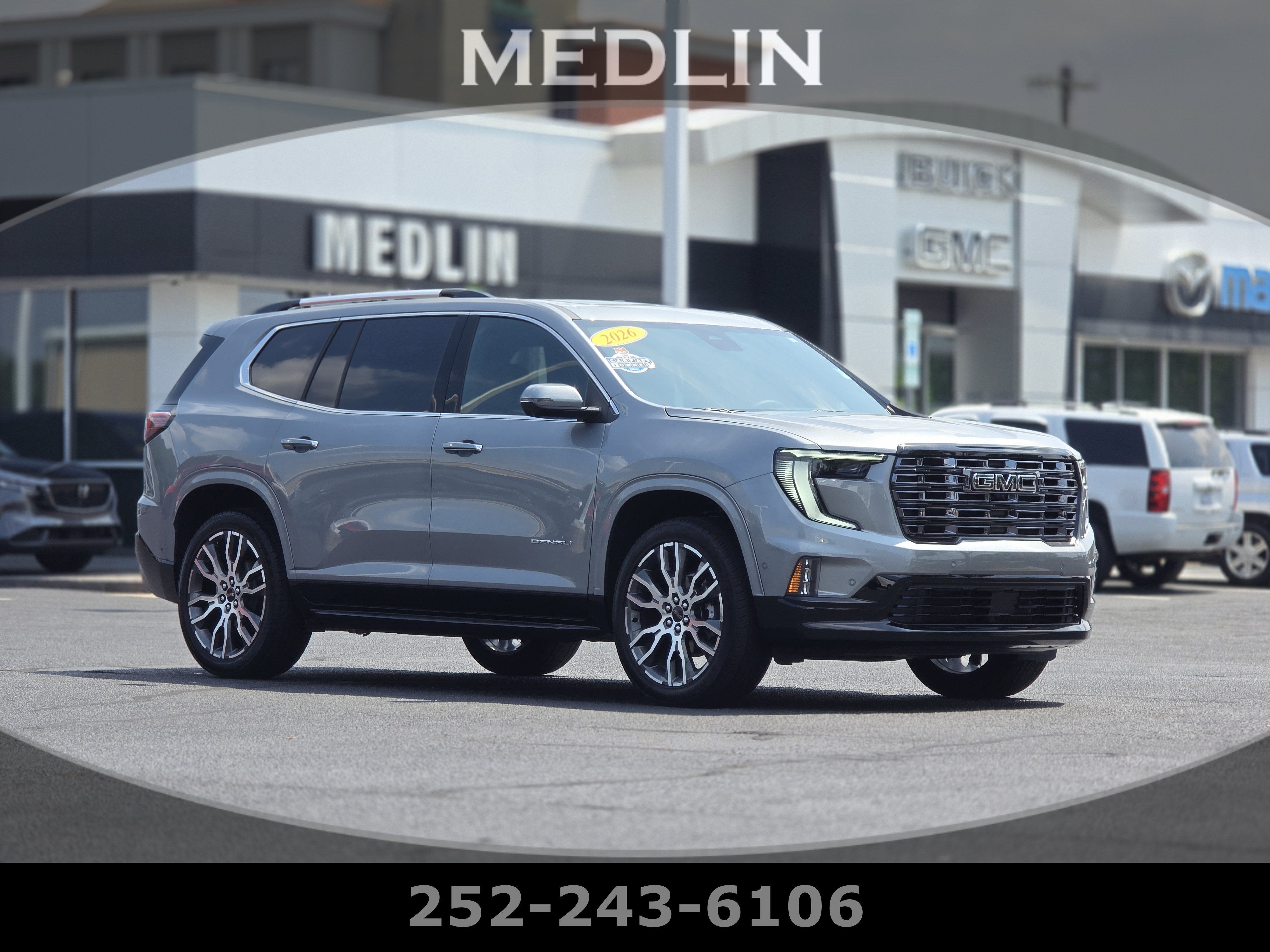 2026 GMC Acadia Denali Ultimate in Sterling Metallic — front three-quarter view
