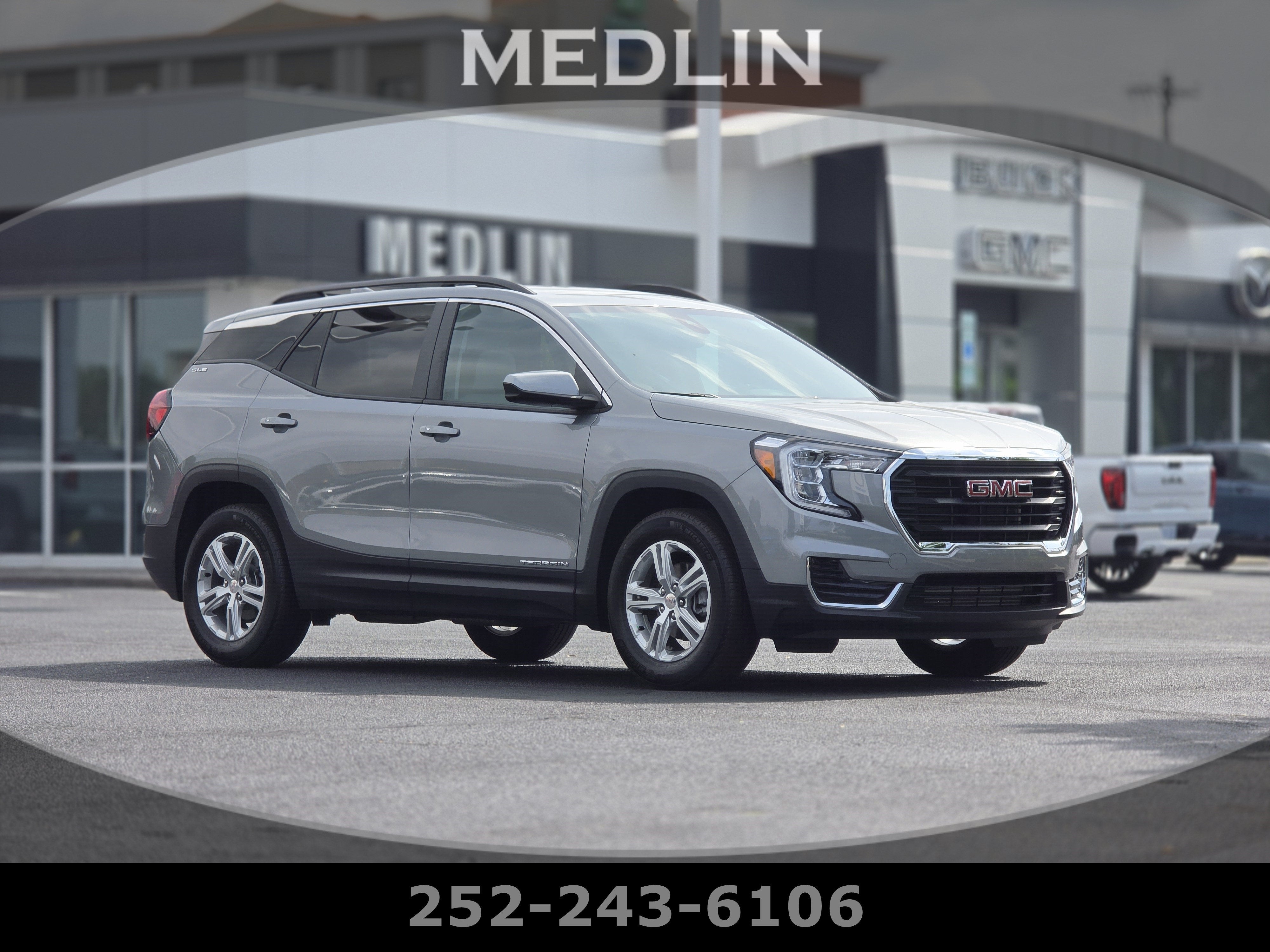 2024 GMC Terrain SLE in Sterling Metallic — front three-quarter view