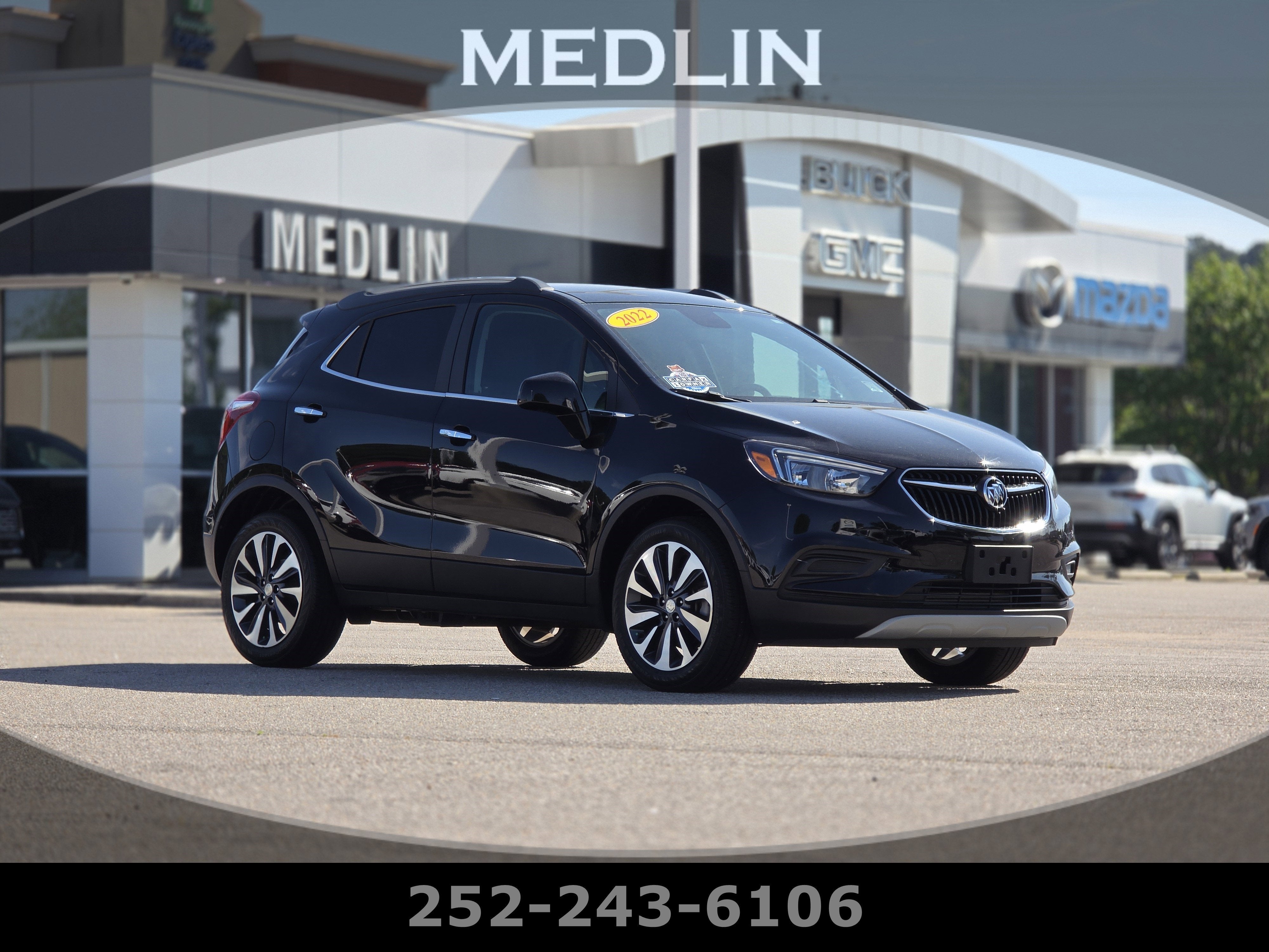 2022 Buick Encore Preferred in Ebony Twilight Metallic — front three-quarter view